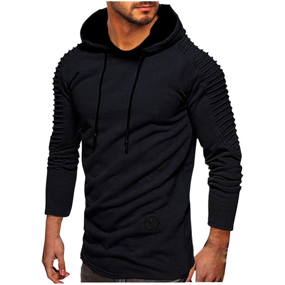 Yaoyar Men's Fashion Casual Pullover Solid Color Wrinkle Long Sleeve Hooded Blouse Muscle Fit Athletic Gym Hoodies Pullover Hooded,Navy,L