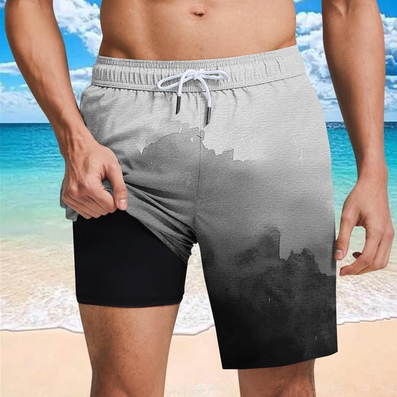Yaoyar Men's Fashion Gradient Stripe Print Elastic Waist Drawstring Beach Shorts with Mesh Liner Casual Summer Swim Trunks with Pocket,Black,3XL