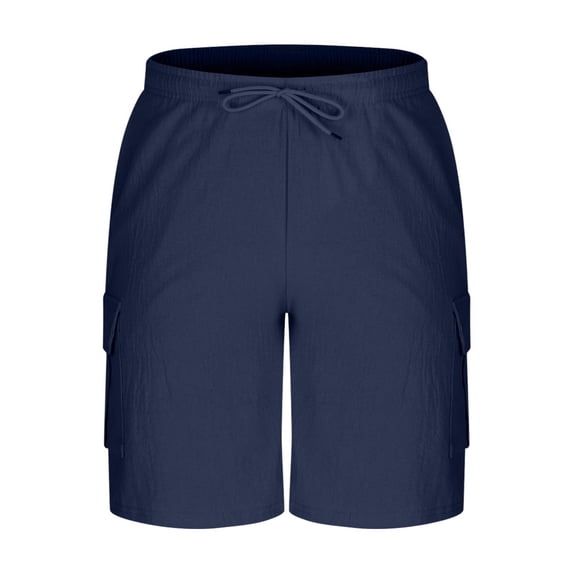 Yaoyar Men's Fashion Linen Like Summer Casual Solid Color Pocket Drawstring Elastic Waist Knee-Length Trousers Lounge Shorts,Navy,S