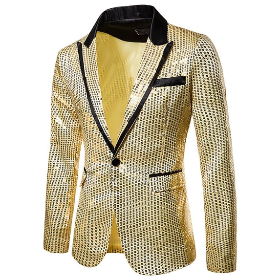Yaoyar Men's Fashion Personality Solid Color Metallic Glossy Printed Suit Slim Fit Blazer Party Prom Tuxedo Blazer Suit Jackets Gold L