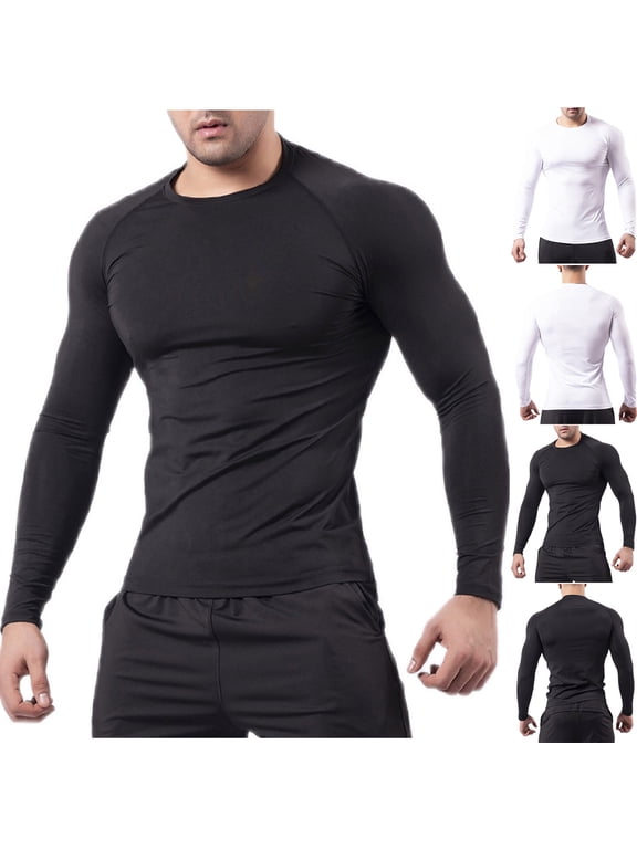 Men's Fashion Solid Breathable Long Sleeve Compression Base Layer Top, Soft Stretchy Athletic Shirt for Running Gym Training