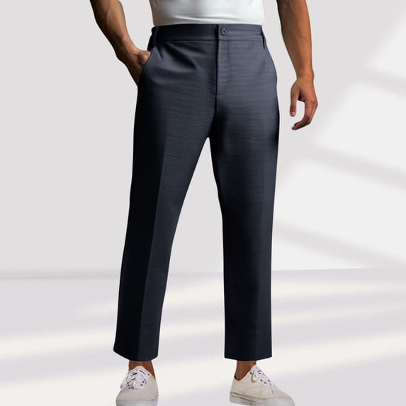 Yaoyar Men's Fashion Solid Color Dress Pants Waffle Texture Pocket Detail Straight Leg Casual Business Style Long Trousers,S,Navy