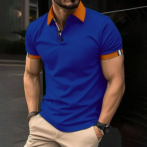 Yaoyar Men's Fashion Spring and Summer Casual Short Sleeved Buttons Lapel Solid Color Basic T Shirt Short Sleeved T Shirt Tops Blue,M