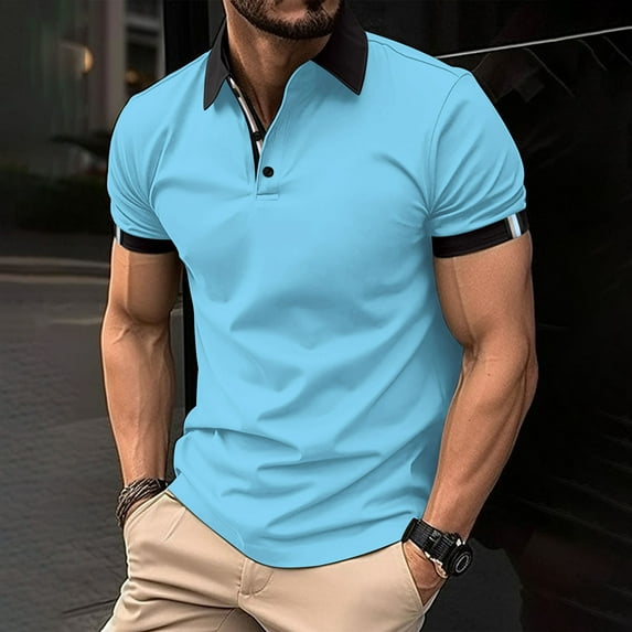 Yaoyar Men's Fashion Spring and Summer Casual Short Sleeved Buttons Lapel Solid Color Basic T Shirt Short Sleeved T Shirt Tops Light Blue,3XL