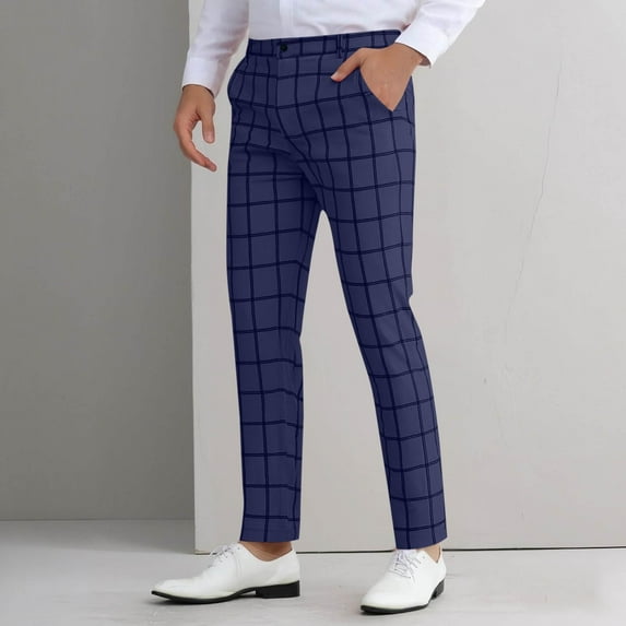 Yaoyar Men's Fashion Stretch Dress Pants Slim Fit Plaid Pants Business Suit Pants Casual Small-Leg Pants