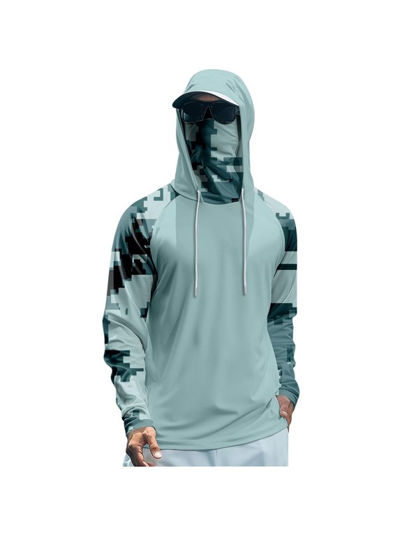 Men's Fishing Sun Protection Hoodie with Detachable Face Cover, Quick Dry Cooling Long Sleeve Pullover Shirt for Outdoor Active Wear