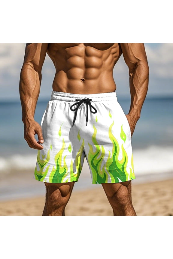 Men's Flame Graphic Print Fun Dual Beach Shorts with Pocket Casual Summer Swim Beach Sports Shorts Fast-Drying Trousers,Green,M