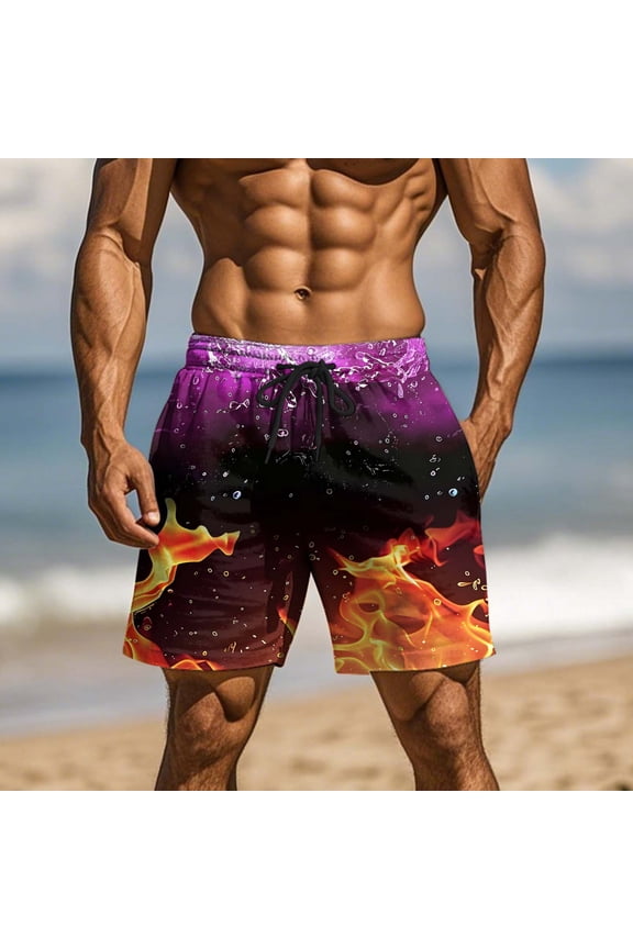 Men's Flame Pattern Swim Shorts with Two Pockets Elastic Drawstring Waist Casual Summer Beach Shorts,Hot Pink,M