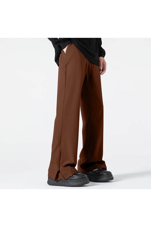 Men's Flared Leg Pants Solid Color Elastic Waist Zip Side Split Design Casual Retro Stretch Trousers