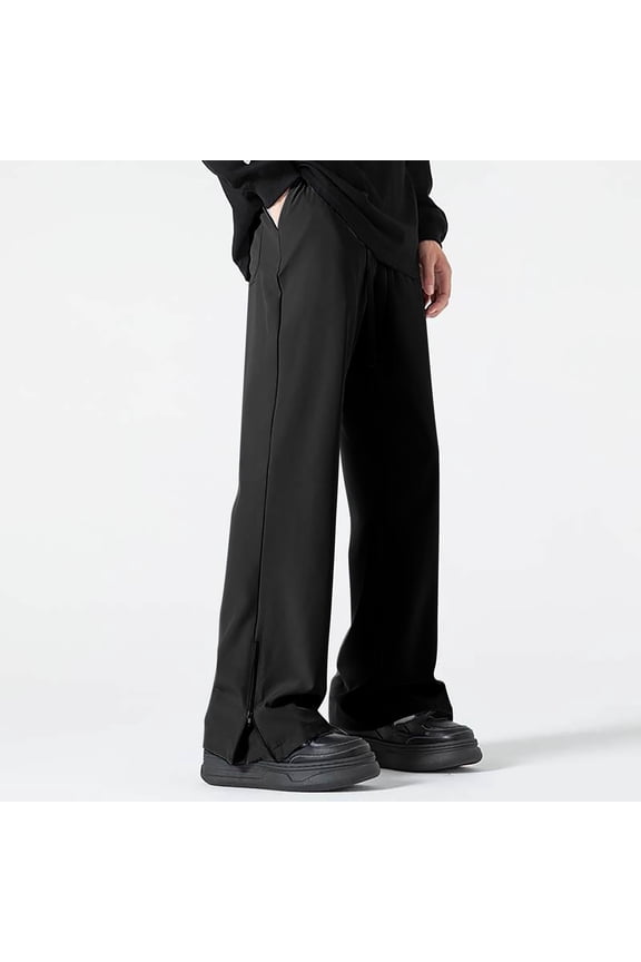 Men's Flared Leg Pants Solid Color Elastic Waist Zip Side Split Design Casual Retro Stretch Trousers