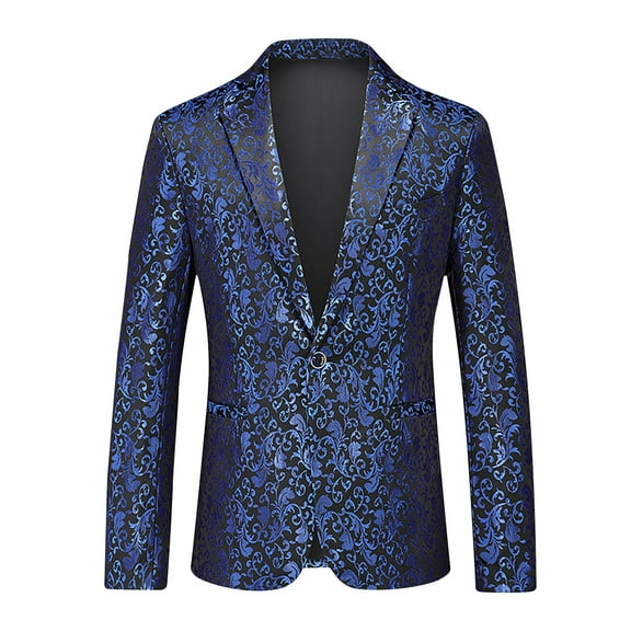 Yaoyar Men's Floral Jacquard Printed Suit Jacket One Button Slim Fit Blazer for Wedding, Prom, Dinner Blue L