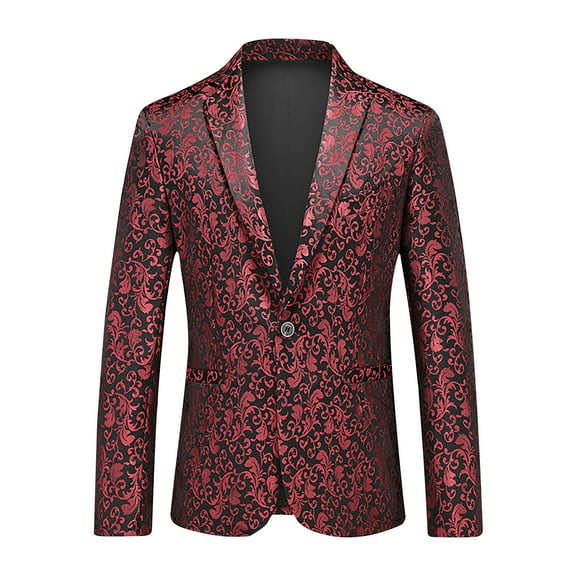 Yaoyar Men's Floral Jacquard Printed Suit Jacket One Button Slim Fit Blazer for Wedding, Prom, Dinner Red L