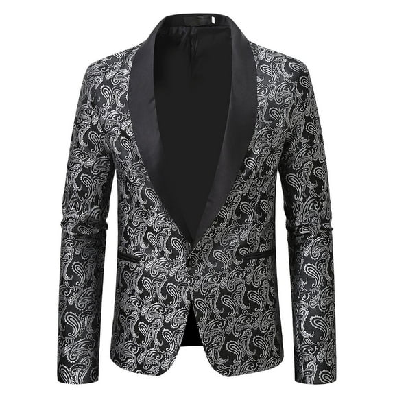 Yaoyar Men's Floral Jacquard Printed Suit Jacket One Button Slim Fit Blazer for Wedding, Prom, Dinner Silver L