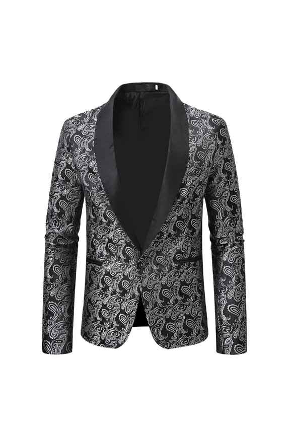 Men's Floral Jacquard Printed Suit Jacket One Button Slim Fit Blazer for Wedding, Prom, Dinner Silver M