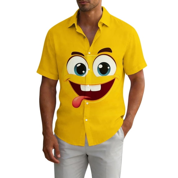 Yaoyar Men's Fun Summer Hawaiian Shirts Funny Facial Expression Button Down Shirt Printed Fashion Short Sleeve Tops Vacation & Beach