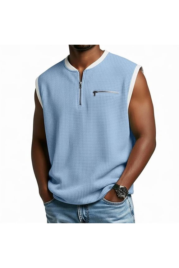 Men's Half Zipper Sleeveless Tops, Solid Color Waffle Knit, Faux Two Piece Patchwork, Casual Daily Activewear, Outdoor Leisure Tank Top, Stylish Splicing Vest,Blue,S