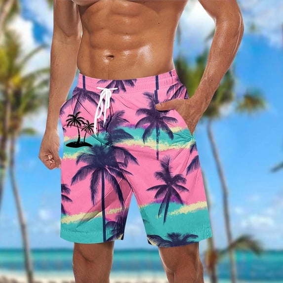 Yaoyar Men's Hawaiian Print Beach Shorts Elastic Drawstring Waist Side Pockets Quick Dry Swim Trunks