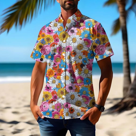 Yaoyar Men's Hawaiian Print Short Sleeve Button Down Turndown Collar Shirt, Tropical Vacation Top, Beach Resort Wear Tee Blouse TShirt