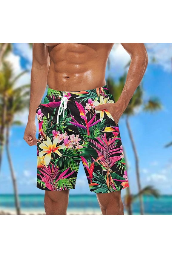 Men's Hawaiian Print Shorts Tropical Pattern Drawstring Elastic Waist Side Pockets Beach Summer Bottoms