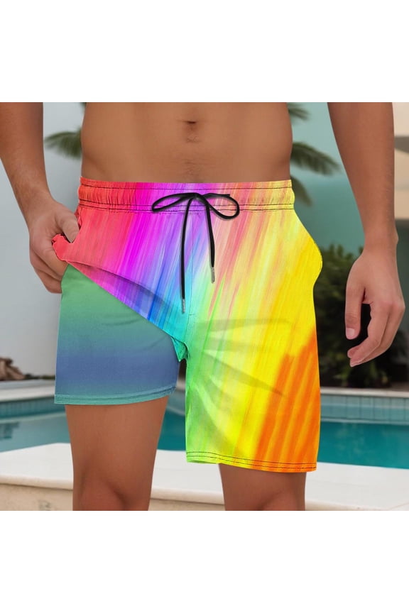 Men's Hawaiian Rainbow Print Elastic Waist Drawstring Shorts Double Layer Beach Swim Trunks with Pocket,Yellow,L
