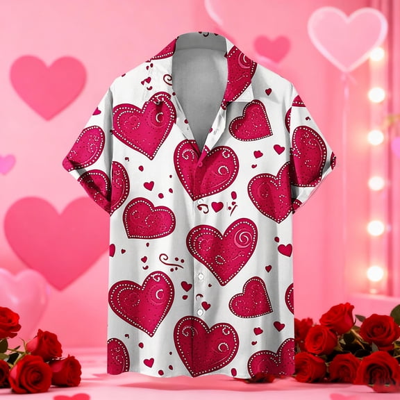 Yaoyar Men's Hawaiian Shirt Valentines Day Heart Short Sleeve Beach Button Down Causal Top Print Tropical Hawaii Shirts