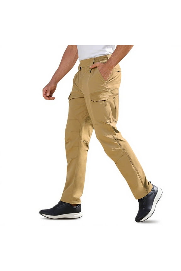 Men's Hiking Trekking Trousers Casual Outdoor Wear Solid Color Multi-Pocket Cargo Pants Durable Fabric for Mountain Climbing,L,Beige
