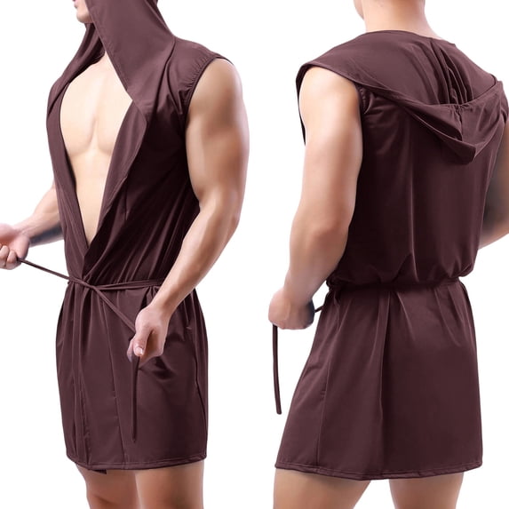 Yaoyar Men's Hooded Sleeveless Summer Sleep Robe, Solid Color with Drawstring Closure for Breathable Lounge Wear