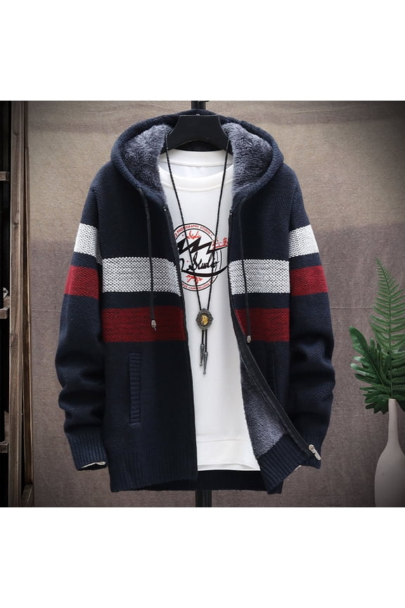 Men's Hooded Sweater Jacket Casual Patchwork Cardigan Coat Knitting Hooded Cardigan Zipper Coat Navy L