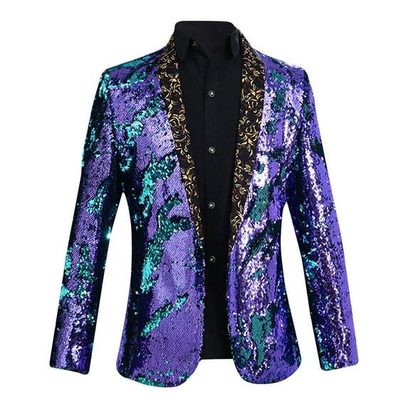 Yaoyar Men's Hot Stamping Glossy Shiny Sequins Blazer Suit Jacket Stylish Tuxedo for Party, Wedding, Banquet, Prom Purple XL