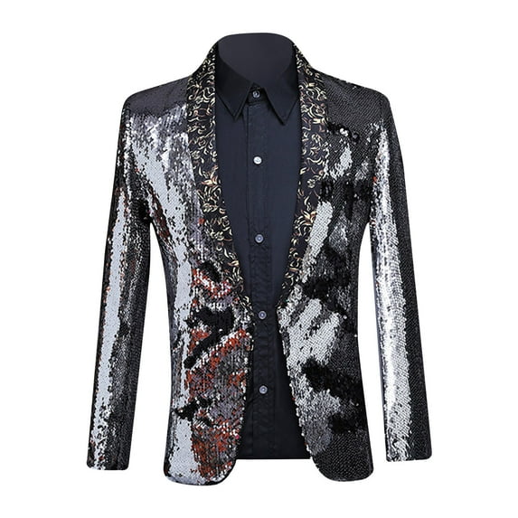 Yaoyar Men's Hot Stamping Glossy Shiny Sequins Blazer Suit Jacket Stylish Tuxedo for Party, Wedding, Banquet, Prom Silver XL