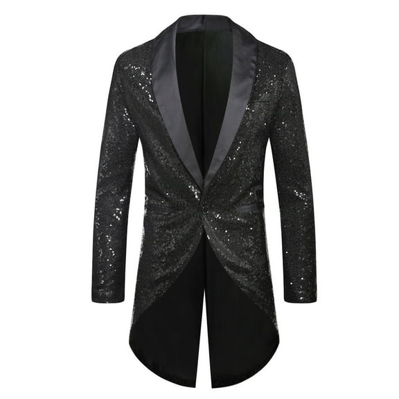 Yaoyar Men's Lapel Sequin Slim Fit Swallowtail Suit Jacket Dinner Party Wedding Blazer Stylish Tuxedo Black M