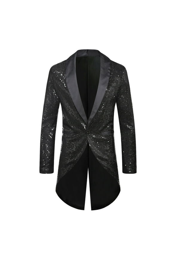 Men's Lapel Sequin Slim Fit Swallowtail Suit Jacket Dinner Party Wedding Blazer Stylish Tuxedo Black M