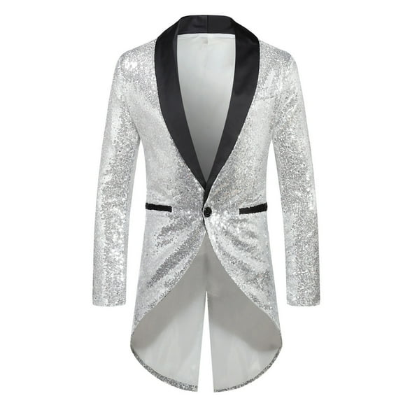 Yaoyar Men's Lapel Sequin Slim Fit Swallowtail Suit Jacket Dinner Party Wedding Blazer Stylish Tuxedo Silver M