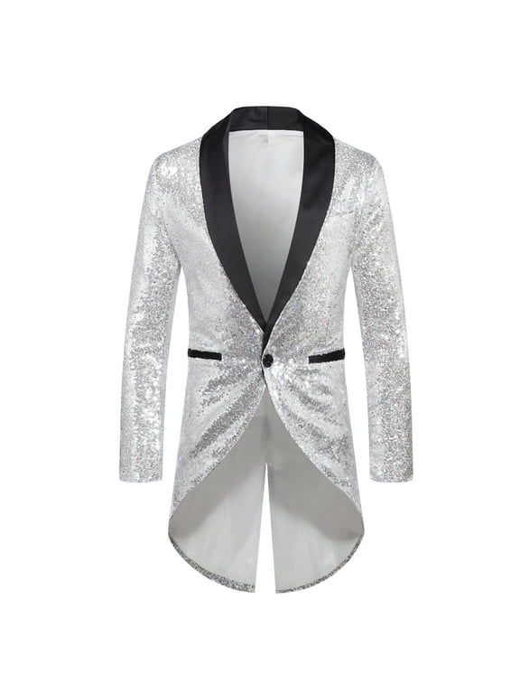 Men's Lapel Sequin Slim Fit Swallowtail Suit Jacket Dinner Party Wedding Blazer Stylish Tuxedo Silver S