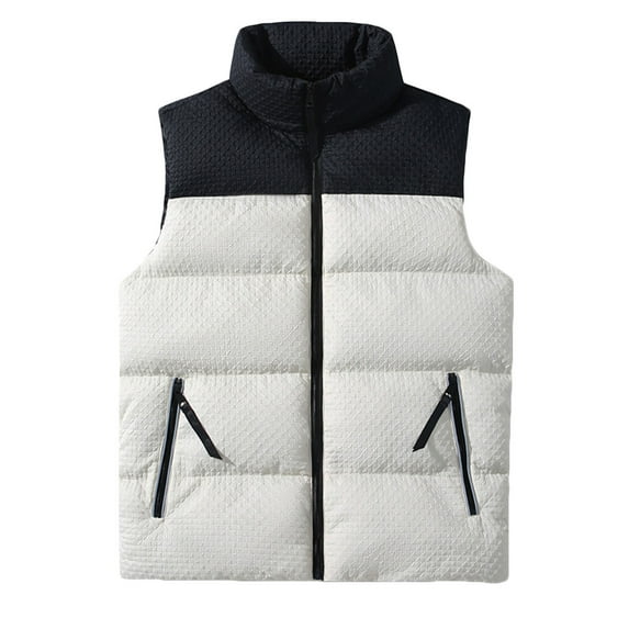 Yaoyar Men's Lightweight Cotton Puffer Vest Winter Casual Patchwork Color Stand Collar Zip Up Down Vest Outerwear With Pockets White L