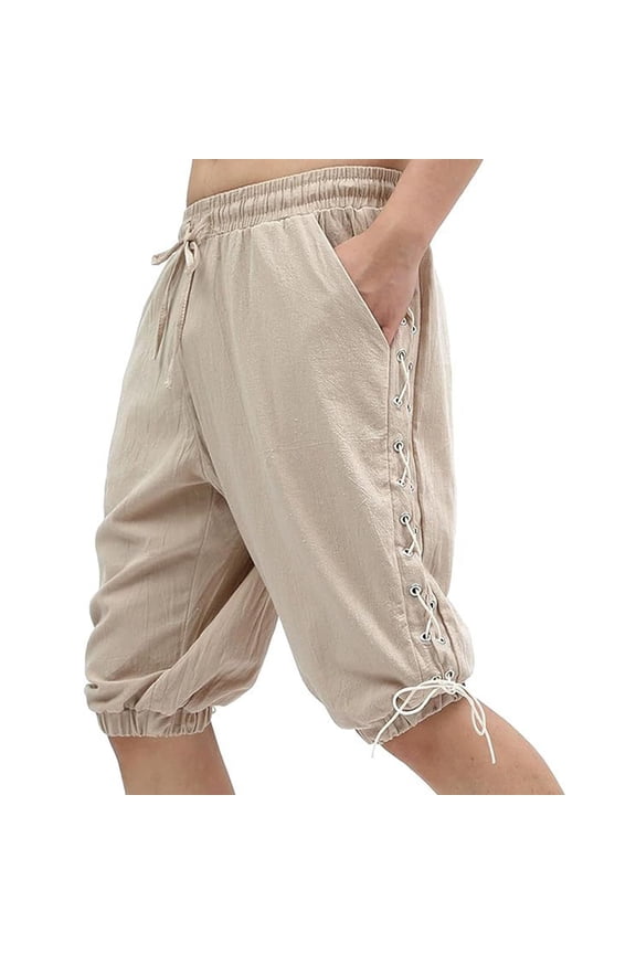 Men's Linen Blend Solid Color Elastic Waist Side Tie Drawstring Detail Tapered Leg Casual Capri Pants Shorts,Beige,XL
