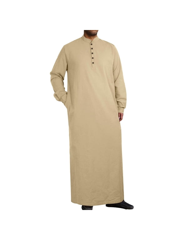 Men's Long Sleeve Solid Muslim Thobe, Traditional Islamic Robe for Formal and Casual Wear