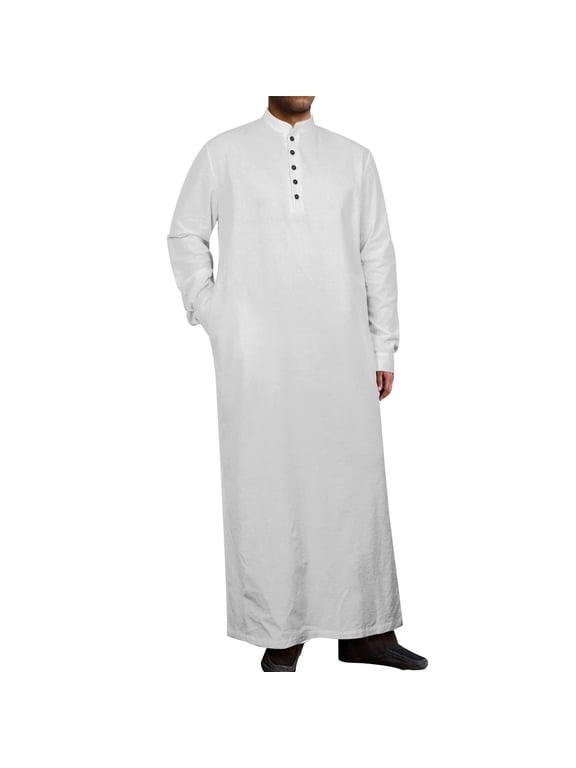 Men's Long Sleeve Solid Muslim Thobe, Traditional Islamic Robe for Formal and Casual Wear
