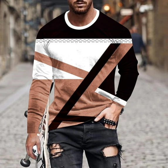 Yaoyar Men's Long Sleeve T-Shirt Graphic Relaxed Fit Crew Neck Tops Fall Pullover 3D Print Tee Shirts Blouse,Brown,3XL