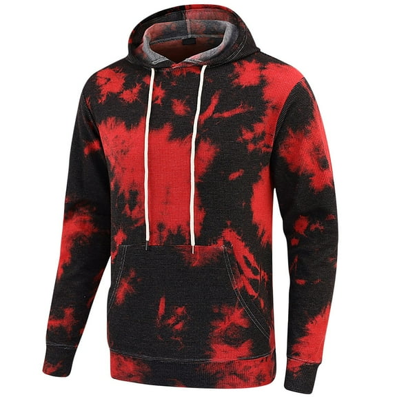 Yaoyar Men's Long Sleeve Tie Dye Hoodies Drawstring Top with Pockets Big and Tall Casual Loose Fit Sweatshirts,Red,M