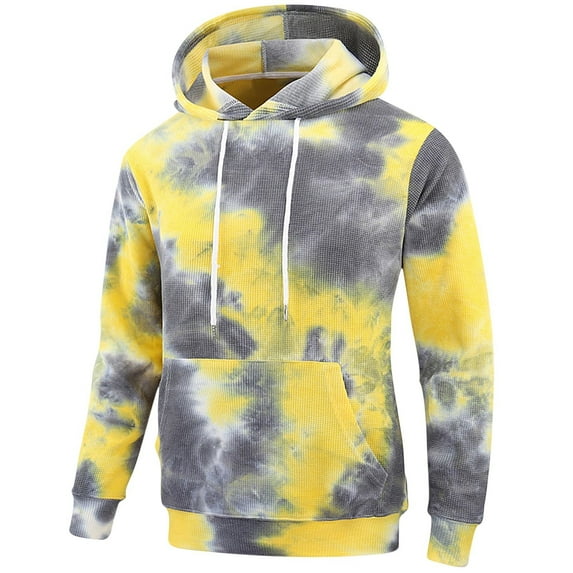 Yaoyar Men's Long Sleeve Tie Dye Hoodies Drawstring Top with Pockets Big and Tall Casual Loose Fit Sweatshirts,Yellow,L