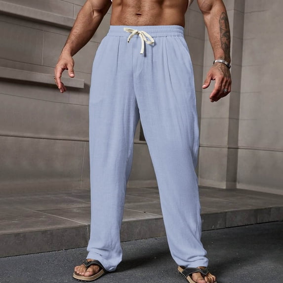 Yaoyar Men's Loose Fit Wide Leg Casual Pants Solid Color Athletic Style Breathable Fabric for Comfortable Daily Wear Long Pants,S,Light Blue