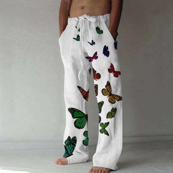 Yaoyar Men's Loose Wide Leg Pants Butterfly Printed Elastic Waist Drawstring Casual Sweatpants for Men Summer Thin Comfy Cotton Linen Pants White XL