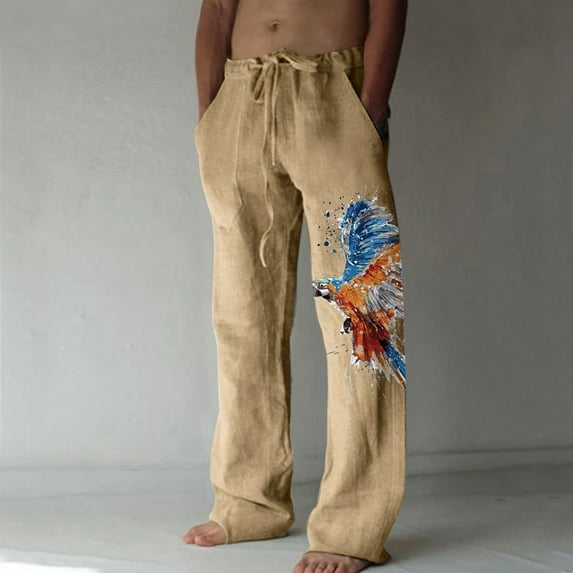Yaoyar Men's Loose Wide Leg Pants Printed Elastic Waist Drawstring Casual Sweatpants for Men Summer Thin Comfy Cotton Linen Pants Beige 2XL