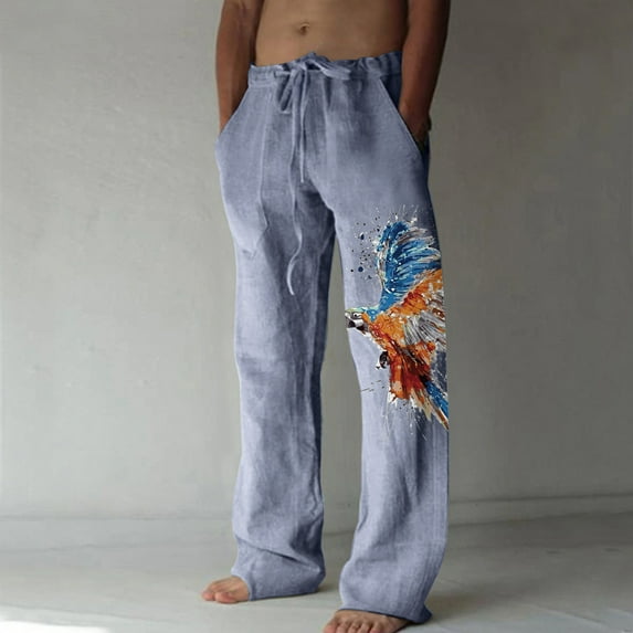 Yaoyar Men's Loose Wide Leg Pants Printed Elastic Waist Drawstring Casual Sweatpants for Men Summer Thin Comfy Cotton Linen Pants Blue 3XL