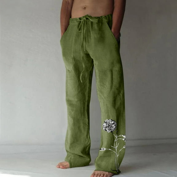 Yaoyar Men's Loose Wide Leg Pants Printed Elastic Waist Drawstring Casual Sweatpants for Men Summer Thin Comfy Cotton Linen Pants Green S