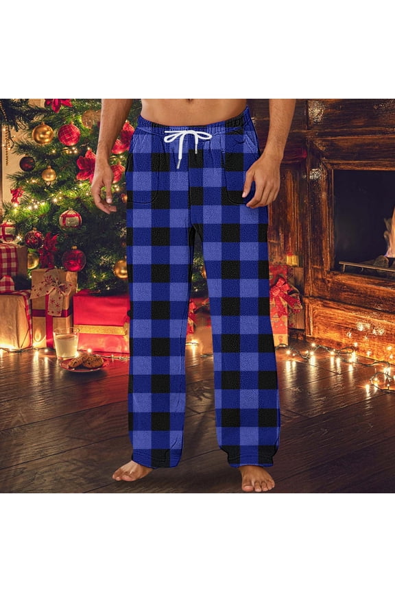 Men's Lounge Pants with Check Print Pattern Elastic Drawstring Waist Comfortable Fit for Home Relaxation Wear Full Length Pants Trousers,M,Blue