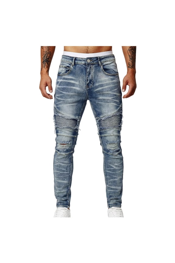 Men's Motorcycle Ripped Jeans Slim Fit Patchwork Denim Zip Fly Button Closure Abrasion Resistant Long Pants