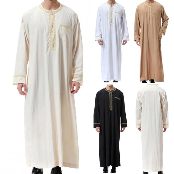 Yaoyar Men's Muslim Arab Thobe Long Sleeve Embroidered Stand Collar Long Tunic, Traditional Middle Eastern Robe with Pockets for Formal Cultural Wear