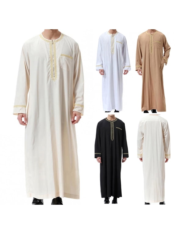 Men's Muslim Arab Thobe Long Sleeve Embroidered Stand Collar Long Tunic, Traditional Middle Eastern Robe with Pockets for Formal Cultural Wear